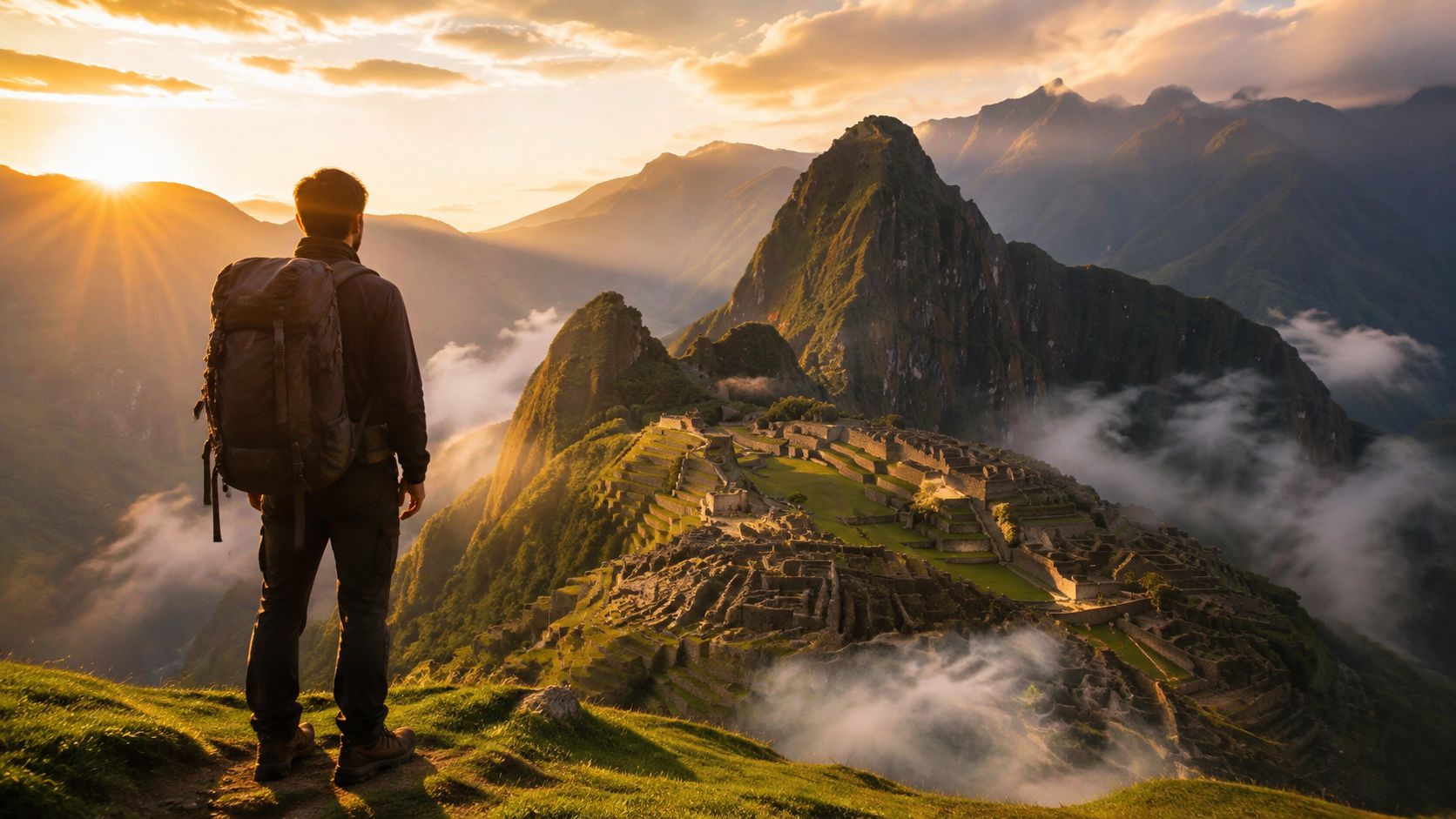 A backpacker standing on a mountain ridge looking at the ancient Inca ruins of Machu Picchu at sunrise.