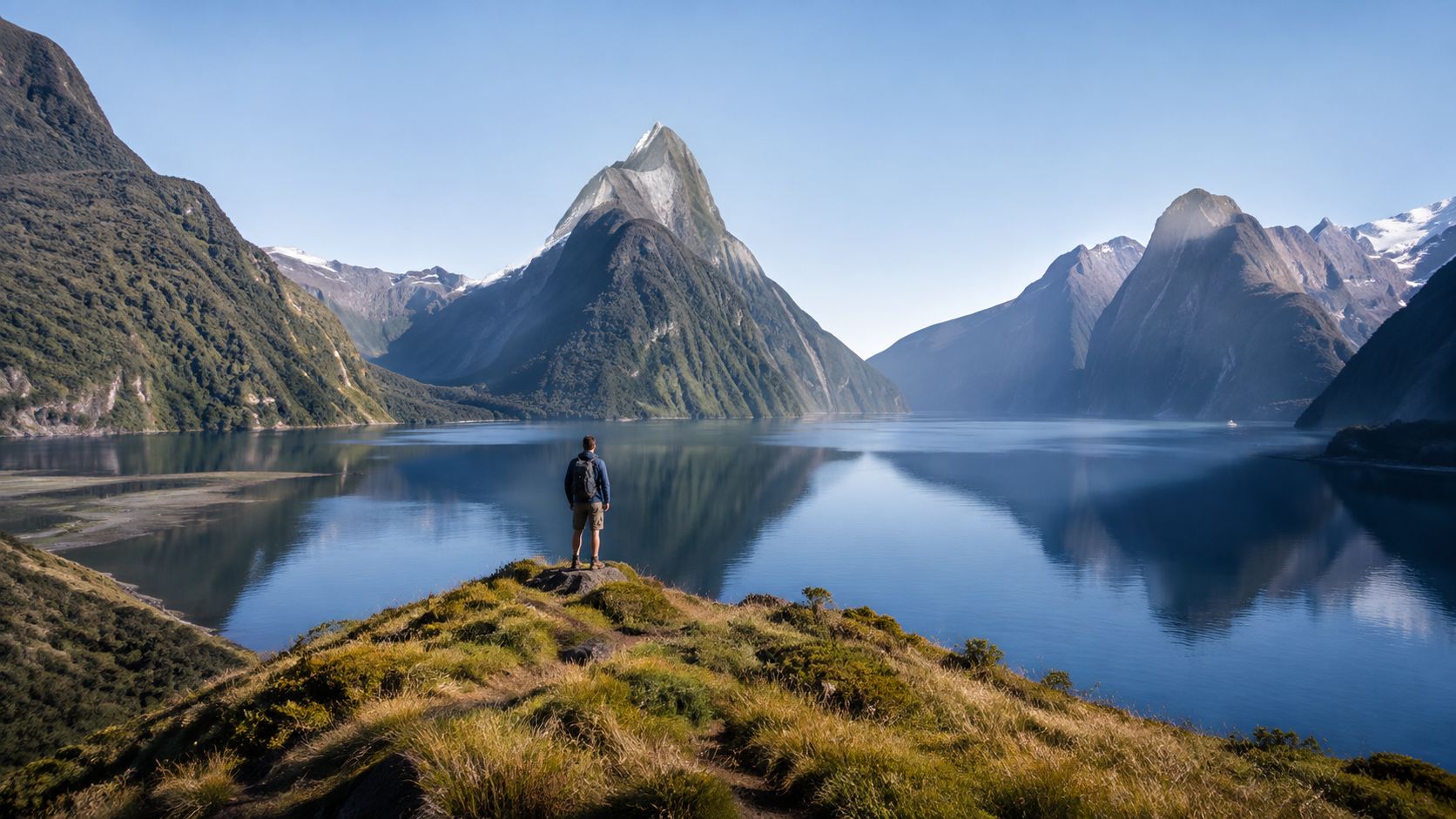 A lone backpacker stands on a grassy cliff overlooking the iconic Mitre Peak in Milford Sound, New Zealand.