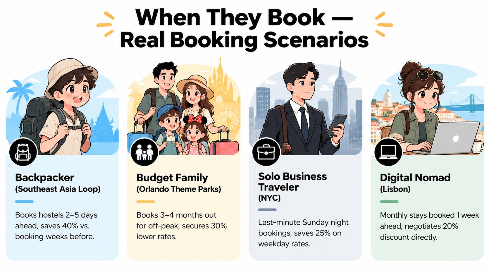 An infographic showing four different travel booking scenarios for a backpacker, family, business traveler, and nomad.