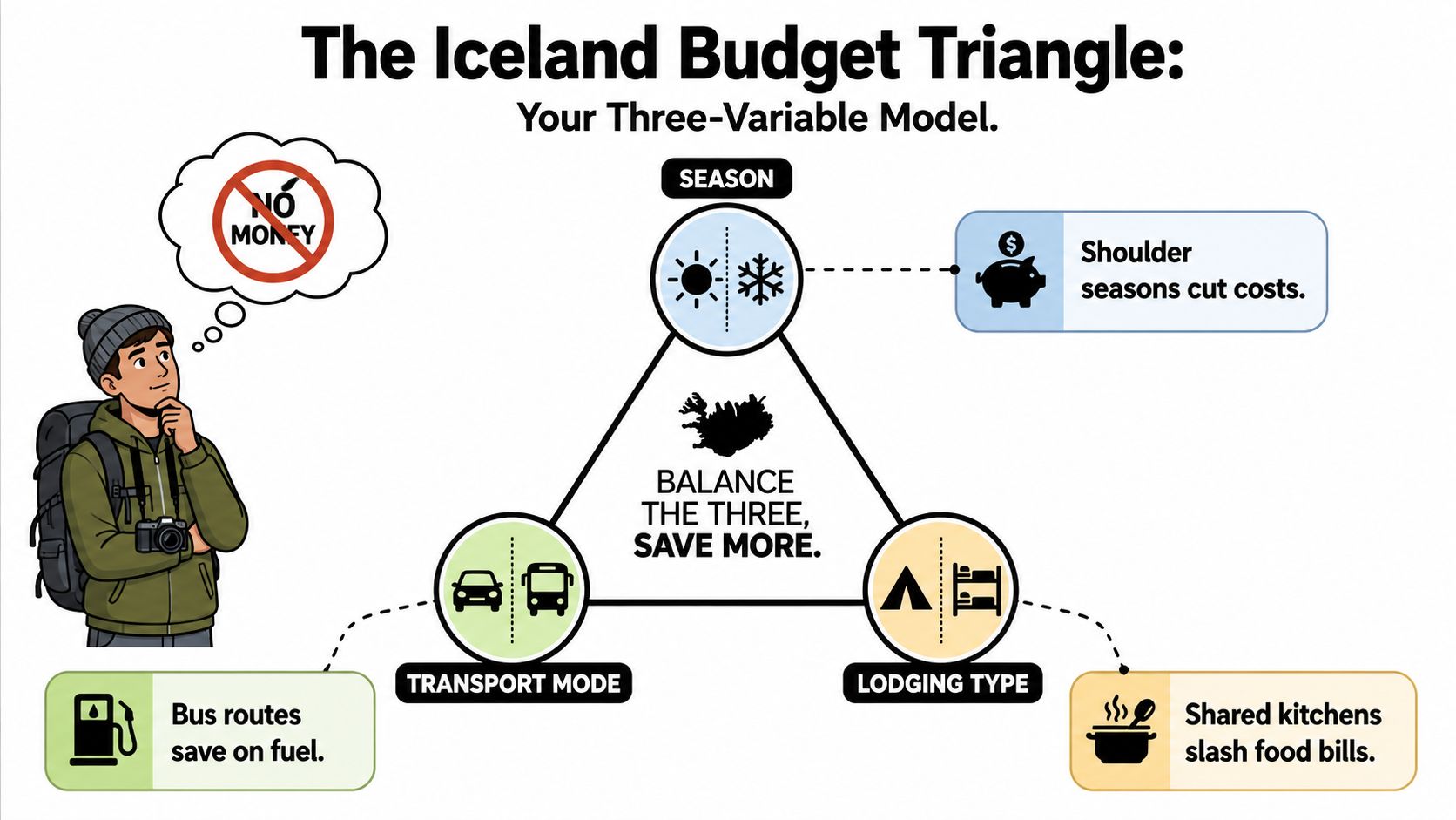 An infographic titled The Iceland Budget Triangle explaining how season, transport, and lodging affect travel costs.