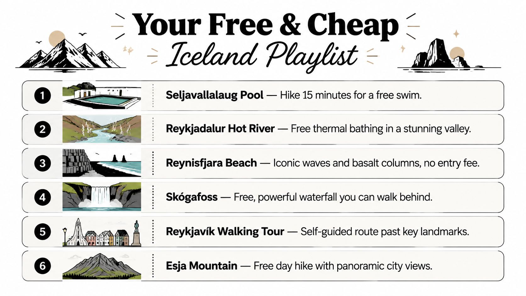 A list of six free and cheap activities to do while visiting Iceland with illustrated icons.