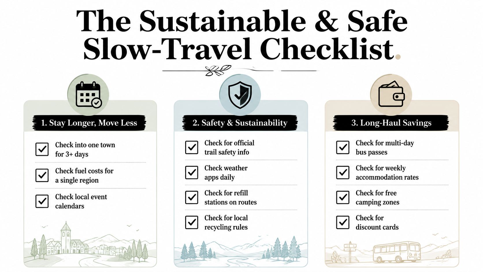 A checklist titled The Sustainable & Safe Slow-Travel Checklist, featuring three sections on slow travel, safety, and savings.