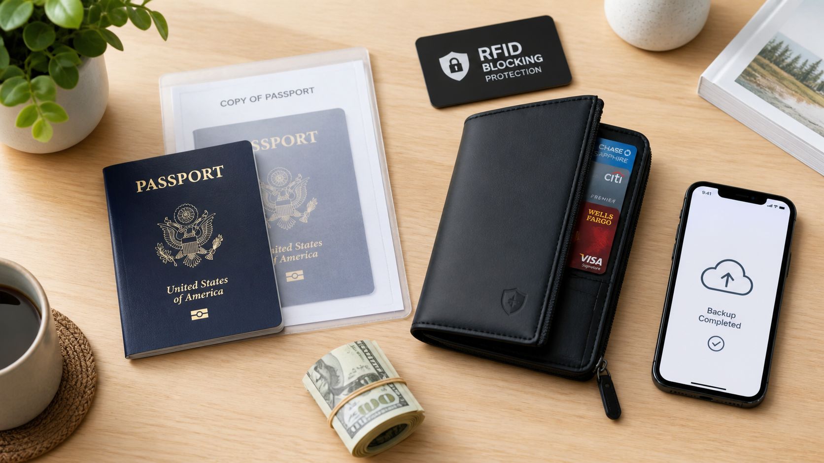 A travel planning setup on a desk with a passport, wallet, cash, and a phone displaying backup.