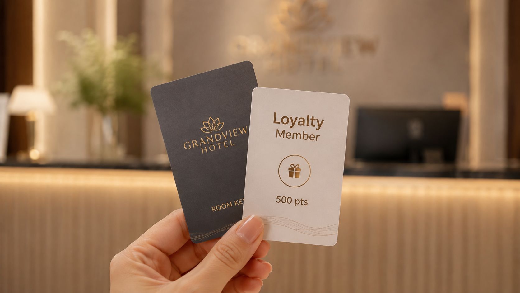 A person holding a dark room key card and a light-colored loyalty member card at a hotel.