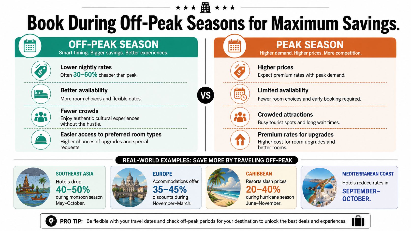 An infographic comparing the benefits of booking hotels during off-peak seasons versus peak seasons for travel savings.