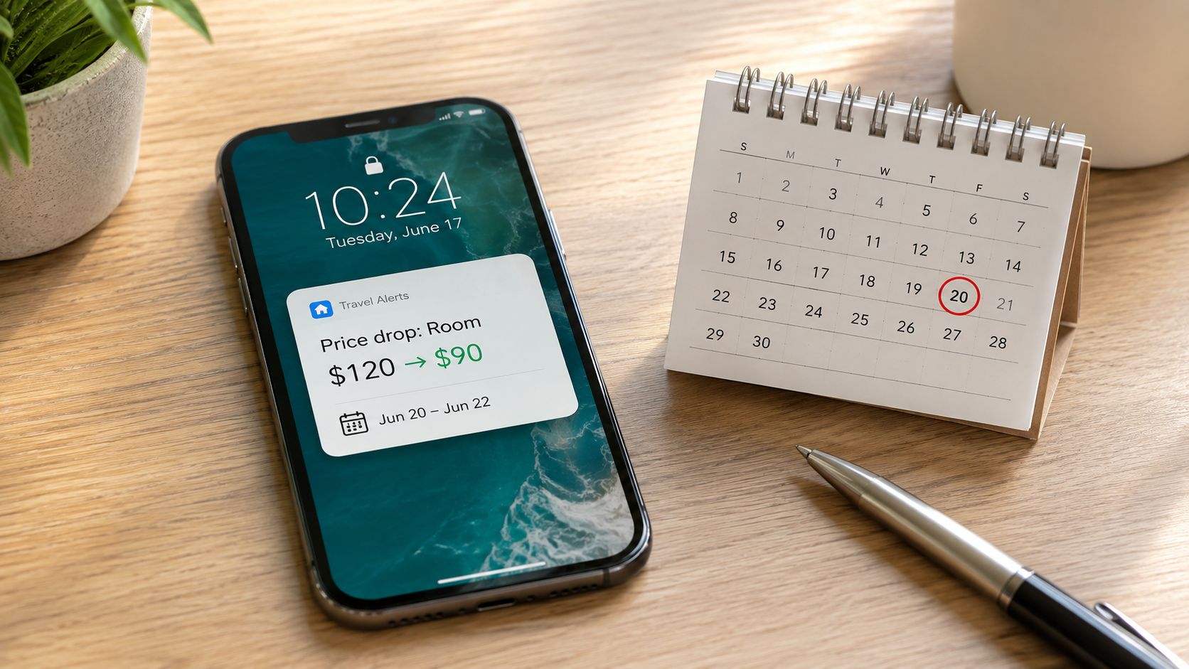 A smartphone displaying a hotel price drop notification next to a desk calendar and a pen.