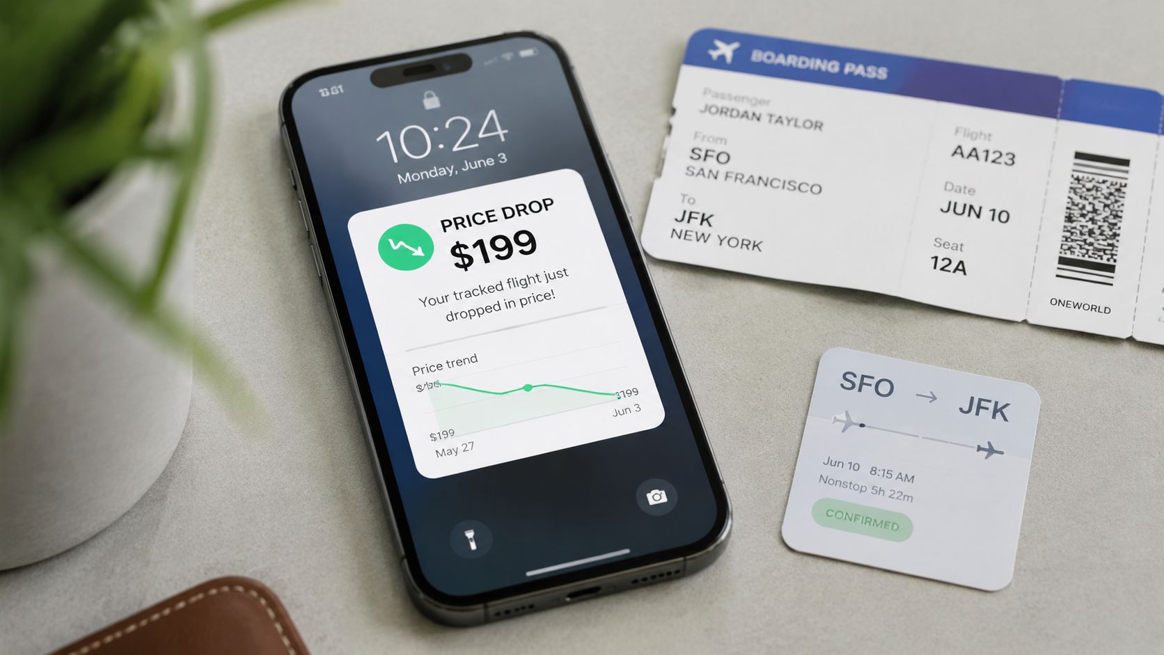 A smartphone showing a flight price drop notification next to a boarding pass and travel details.