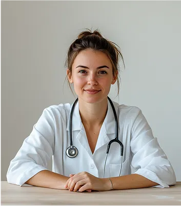 Portrait of a smiling female healthcare professional in a white clinical coat.