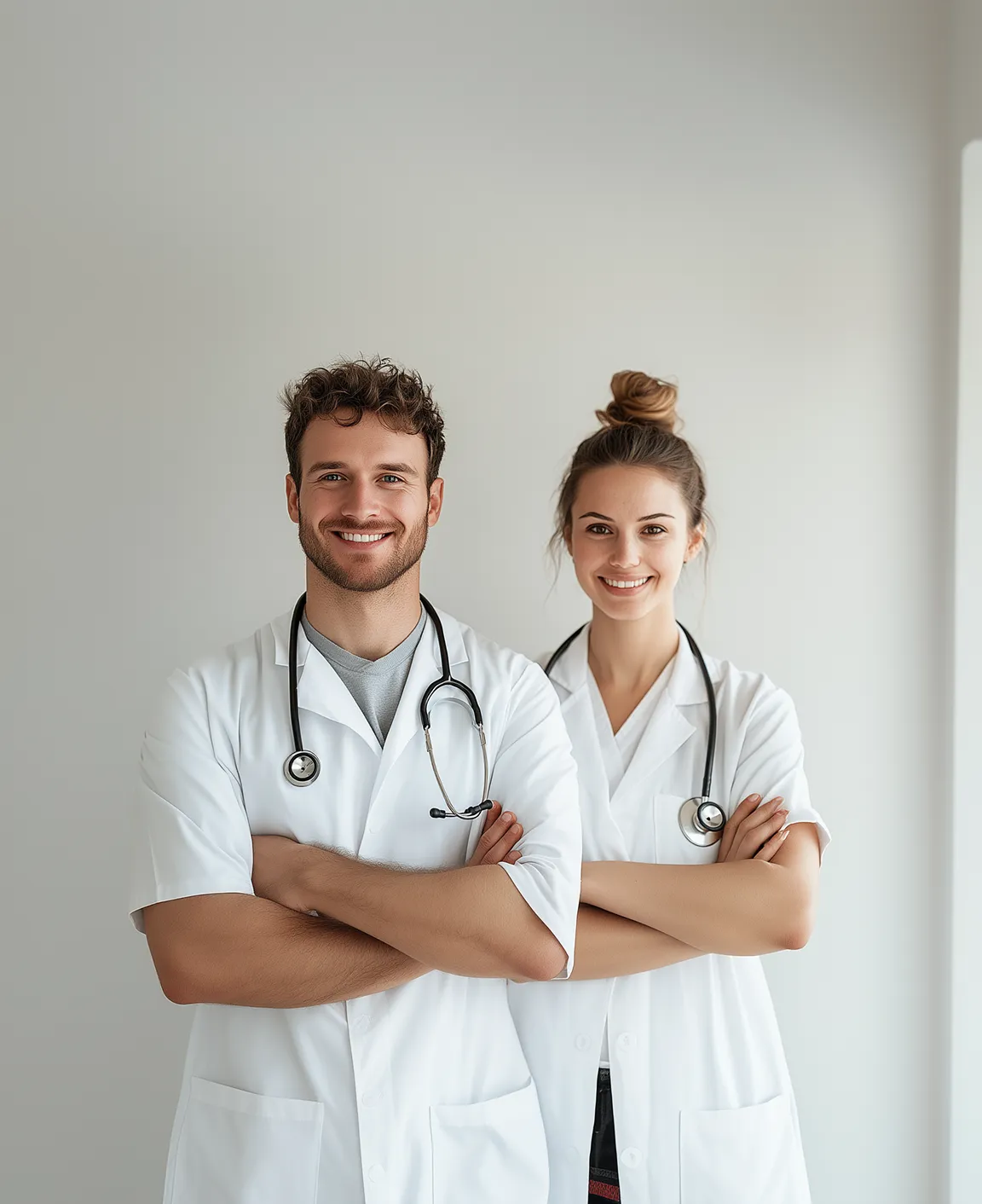 Two medical professionals in white coats standing together in a clinical environment.