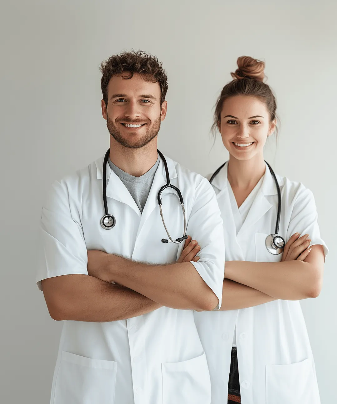 Two smiling medical professionals in white coats standing with arms crossed in a clinic.
