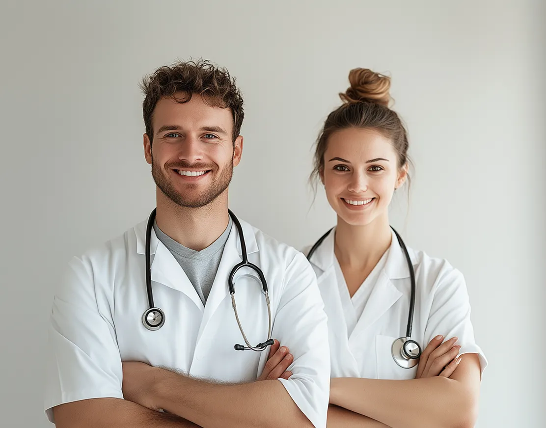 Two smiling healthcare providers in white coats standing together in a medical environment.