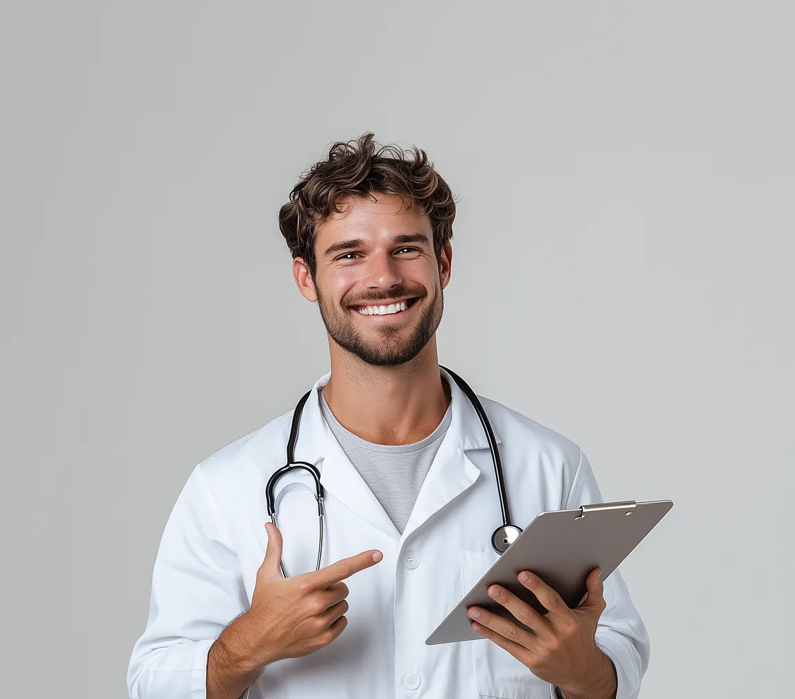 Smiling male doctor in a white coat holding a digital tablet in a professional medical office.