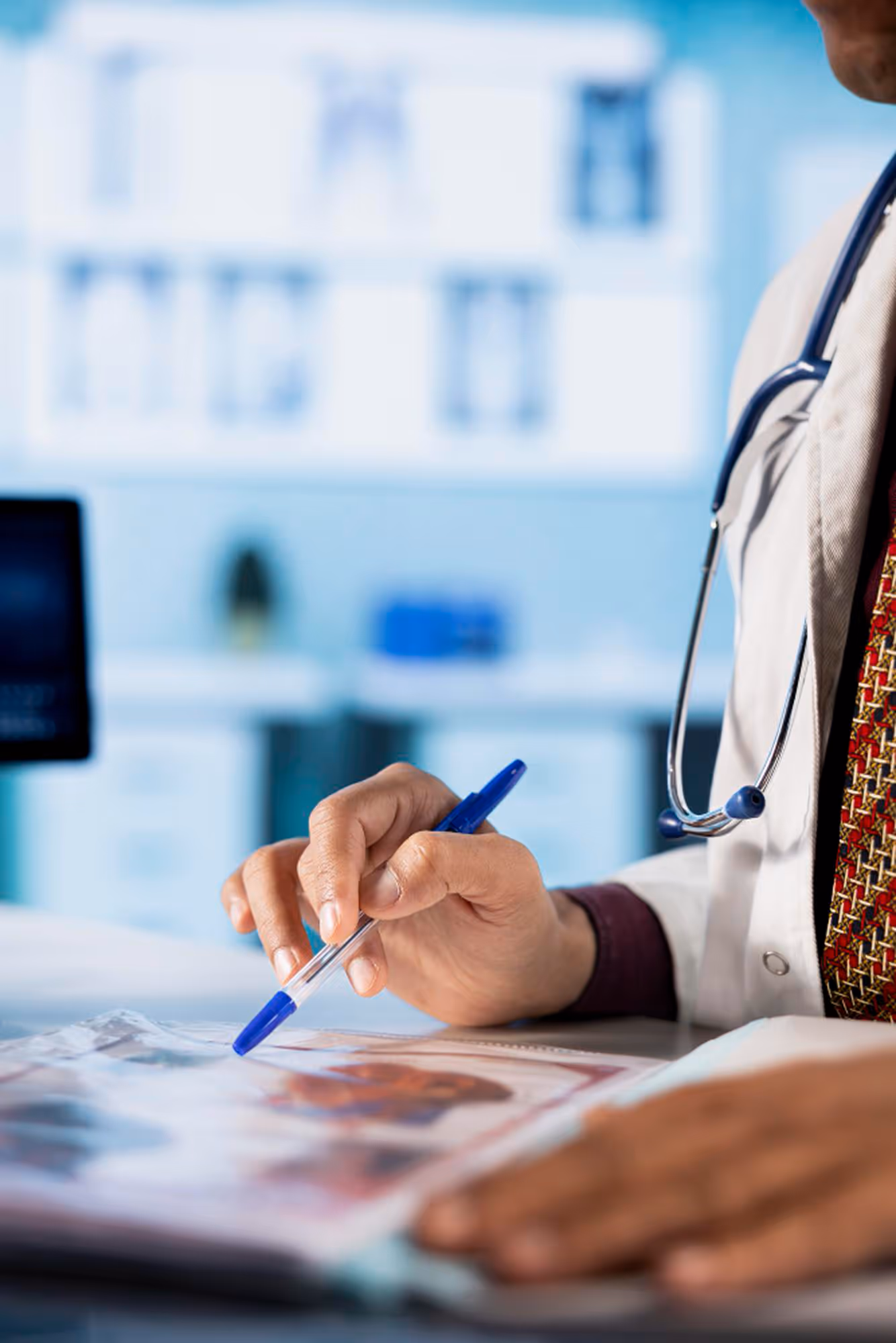 Close-up of a medical professional in a white coat reviewing printed diagnostic images.