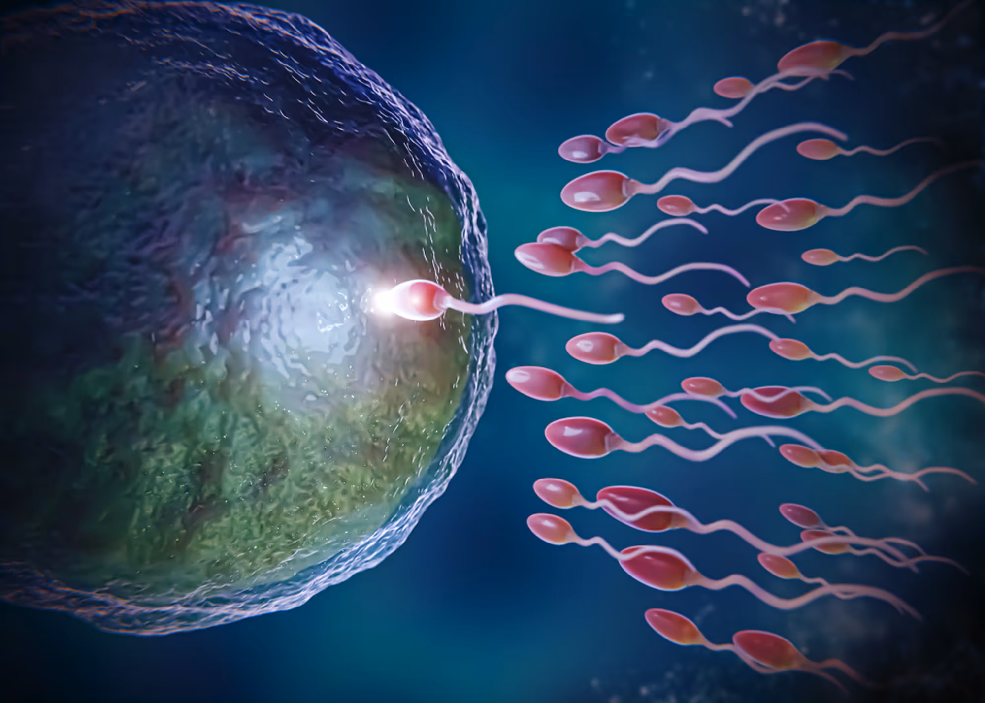 Medical illustration of a sperm cell penetrating an egg cell during the fertilization process.