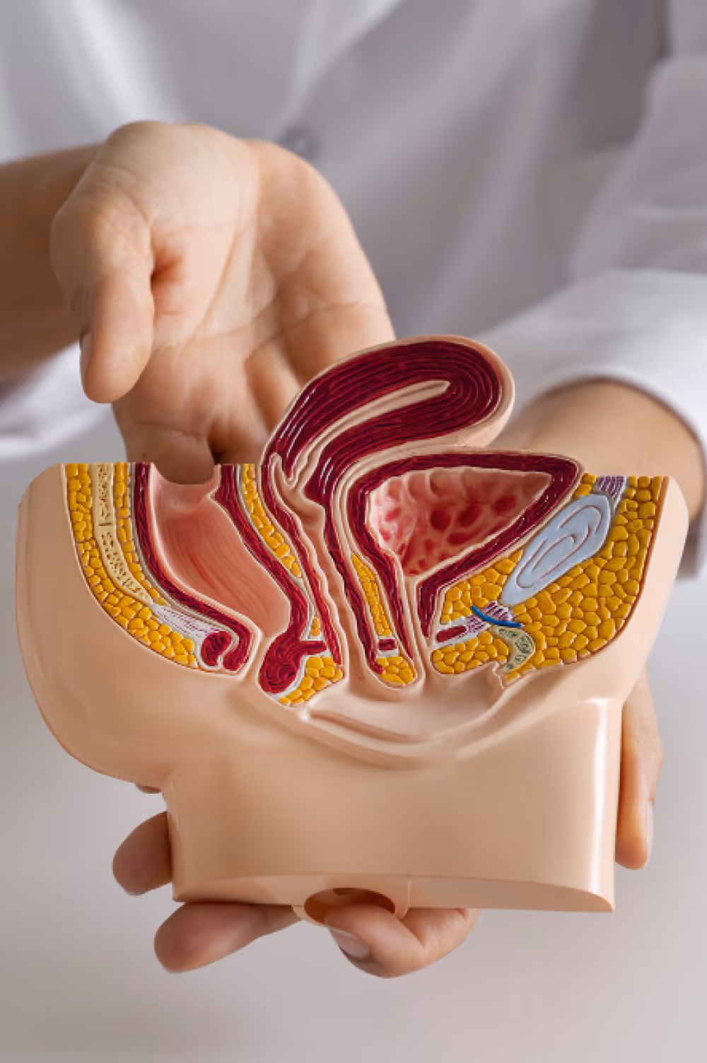 Medical professional holding a detailed anatomical model of the male reproductive and urinary systems.