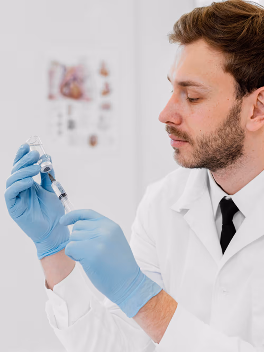 Medical professional in a white coat preparing a clinical injection from a glass medication vial.