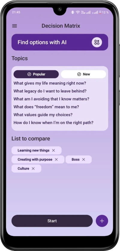 Decision Matrix (DM) app Screen