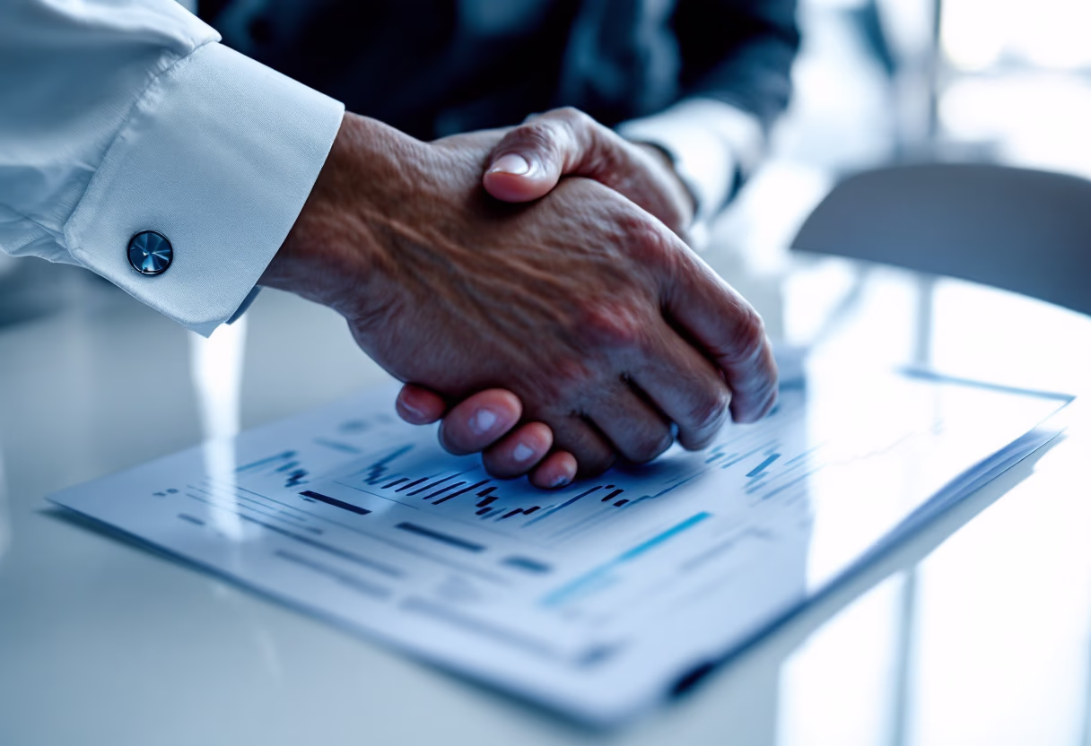 image of handshake over a financial report
