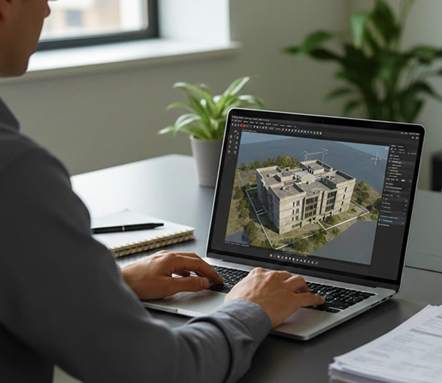 Une personne travaillant sur un ordinateur portable affichant une modélisation 3D d'un bâtiment en construction.