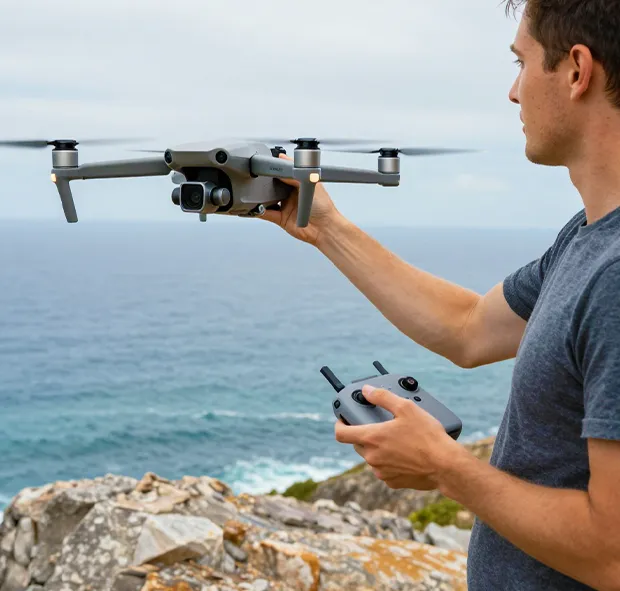 Un homme tenant un drone gris en vol au-dessus de rochers avec l'océan en arrière-plan.