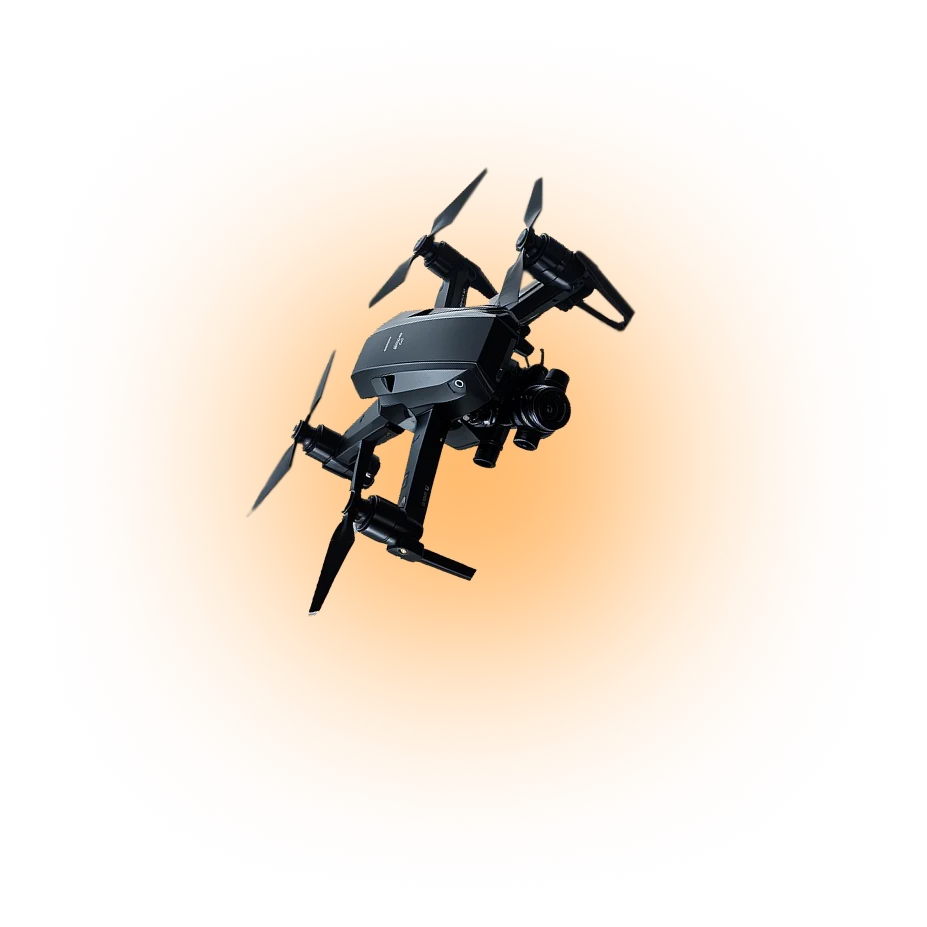 Drone noir professionnel à quatre rotors sur fond orange.