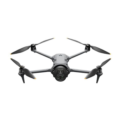 Drone gris avec quatre hélices et caméra frontale double lentille.