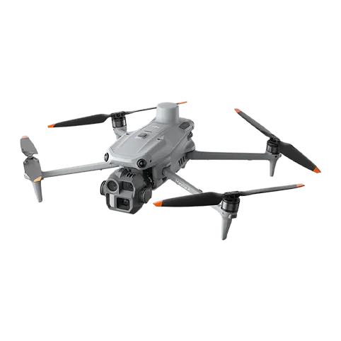 Drone quadricoptère gris avec quatre hélices noires et caméras frontales.