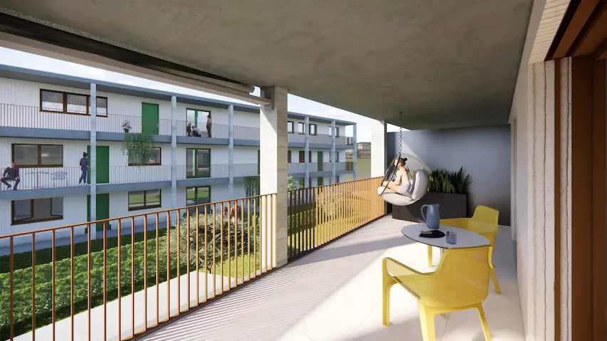 Computervisualisierung eines Balkons mit Blick auf einen anderen Wohnblock