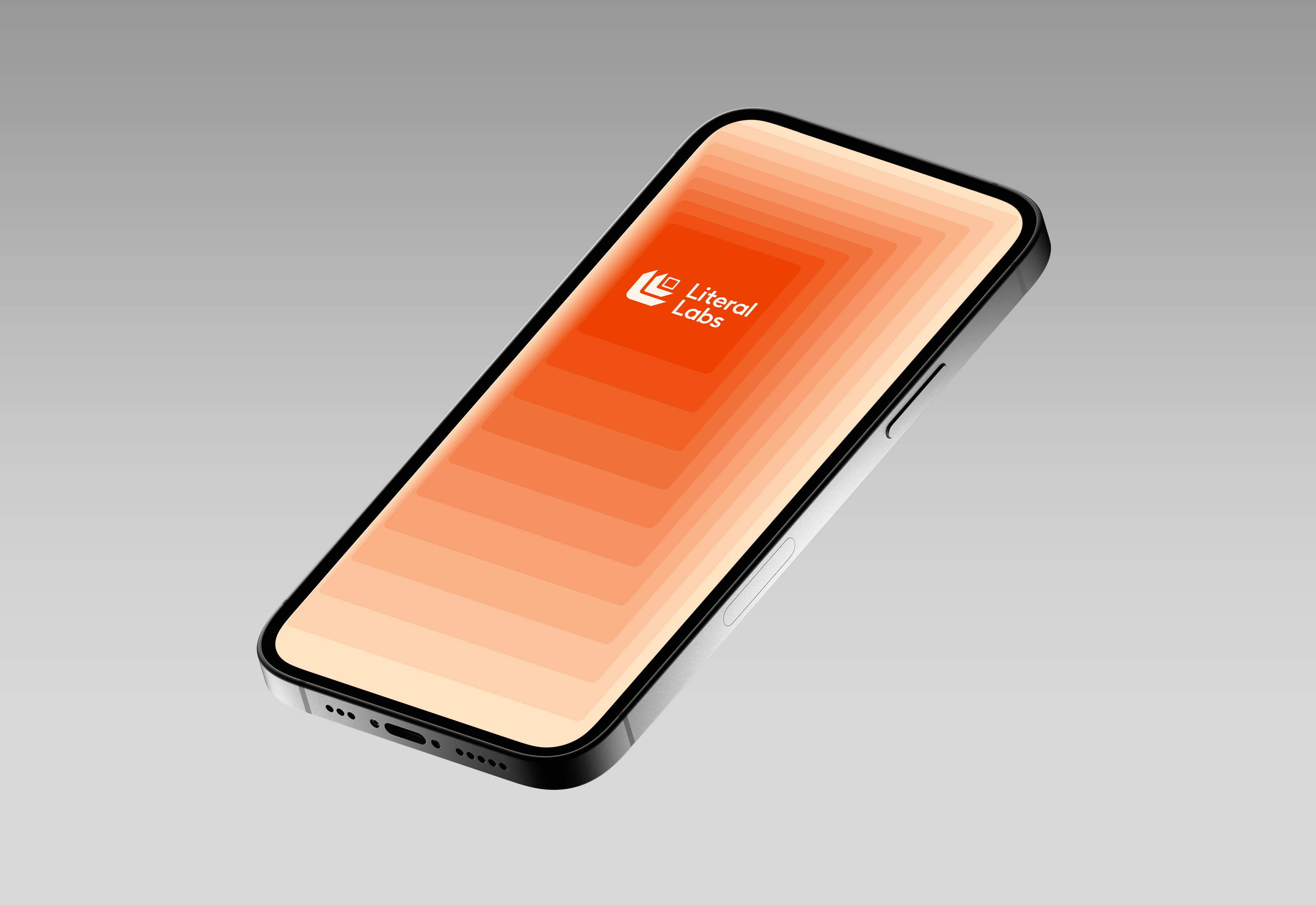 Smartphone with a gradient orange screen displaying the Literal Labs logo in white on a gray background.