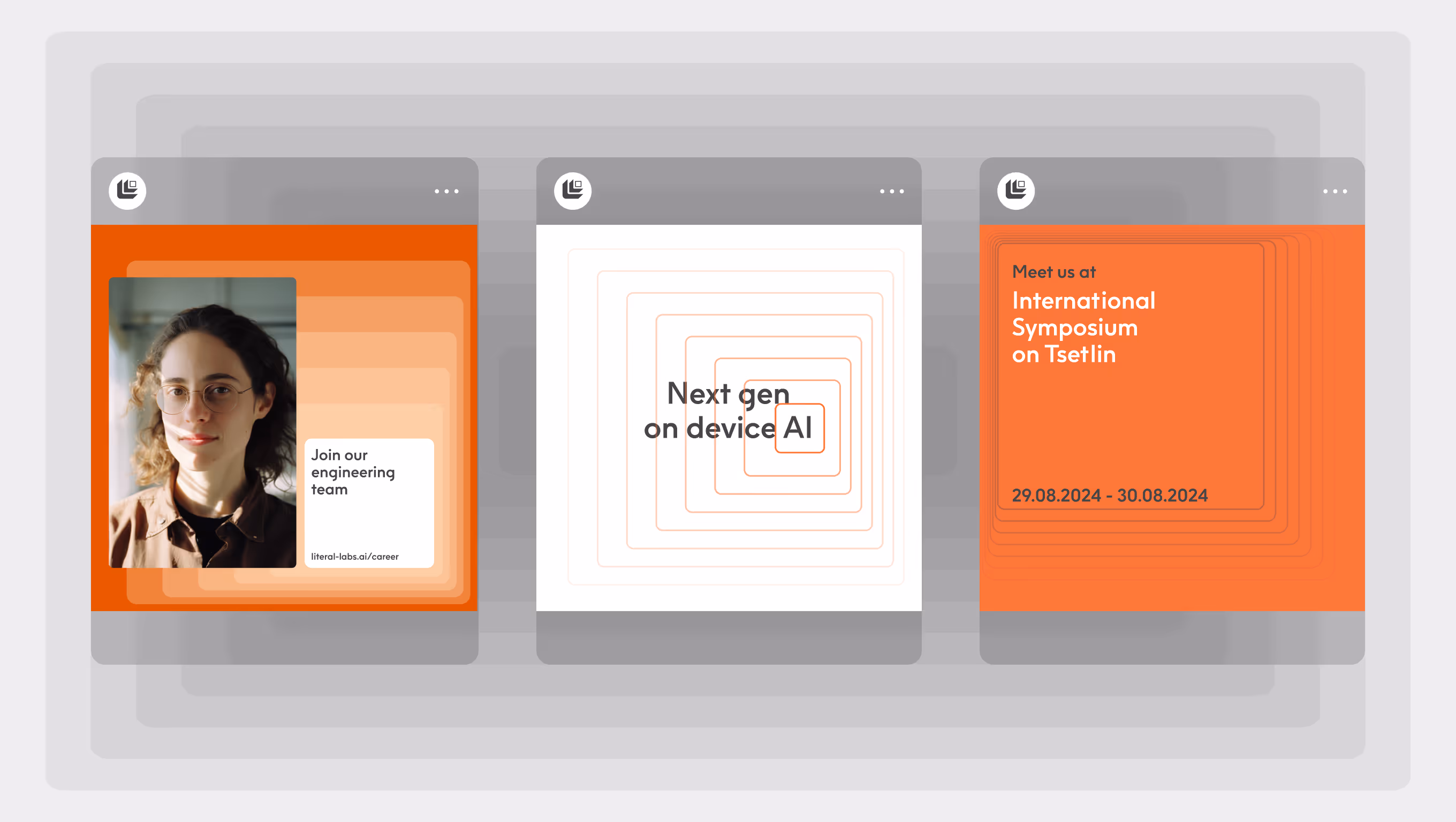 Three stylized social media posts with orange and white backgrounds: first shows a woman and text 'Join our engineering team'; second reads 'Next gen on device AI'; third invites to 'International Symposium on Tsetlin' dated 29.08.2024 - 30.08.2024.