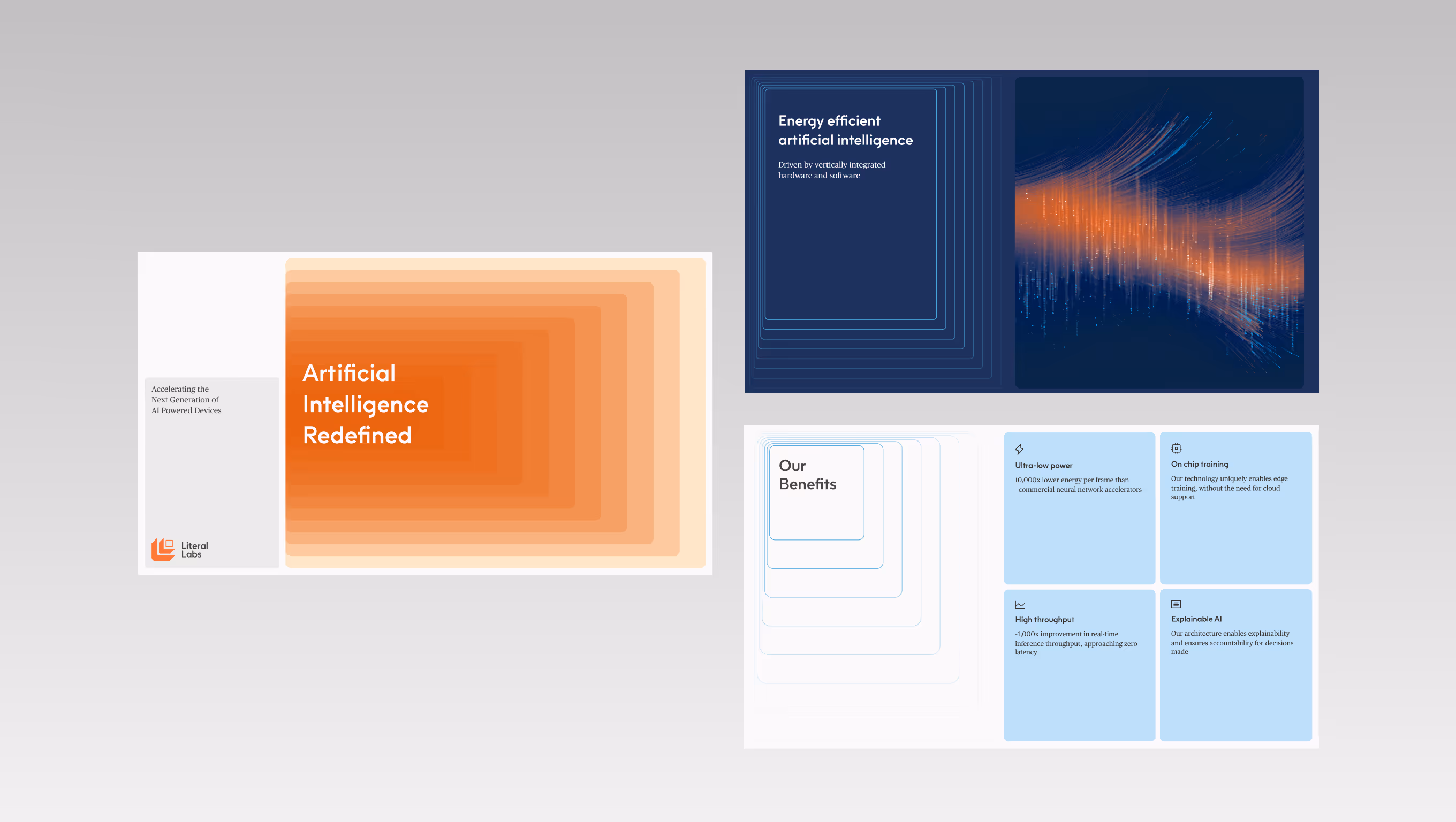Three presentation slides about AI technology: left slide with orange layered squares titled 'Artificial Intelligence Redefined'; top right slide with text 'Energy efficient artificial intelligence' and abstract orange and blue digital wave graphic; bottom right slide listing benefits like ultra-low power, on-chip training, high throughput, and explainable AI.