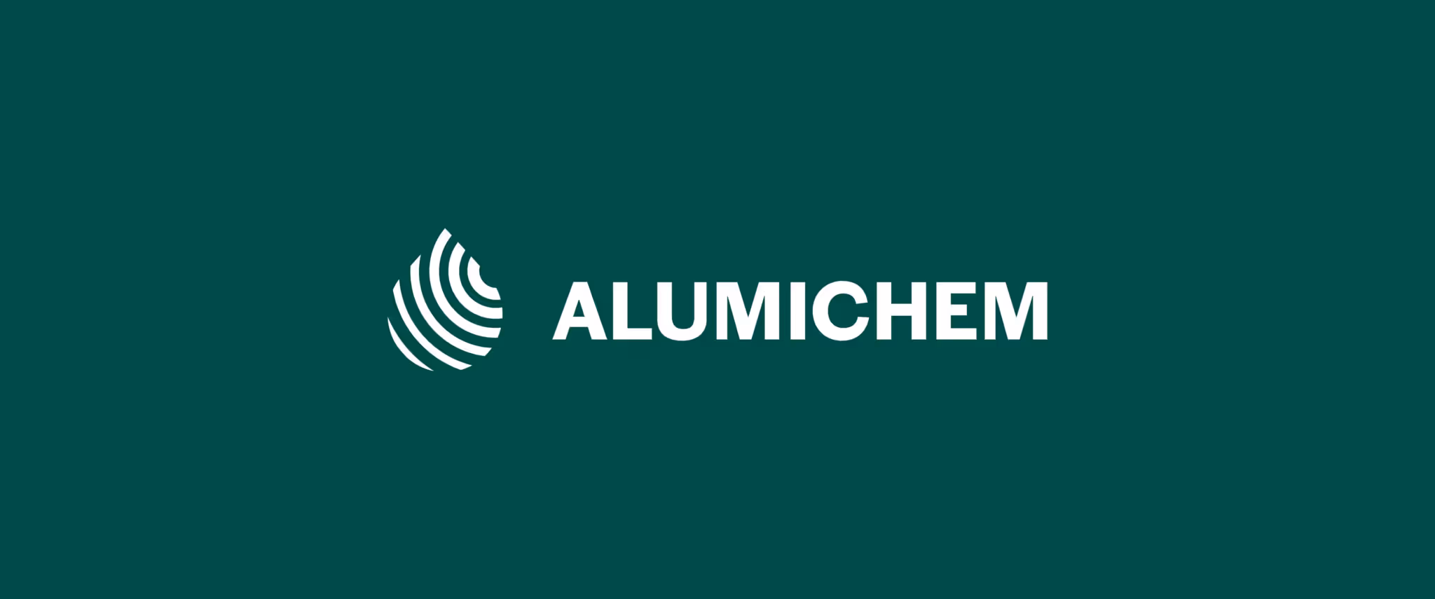 Alumichem company logo with stylized white drop and curved lines on dark green background.