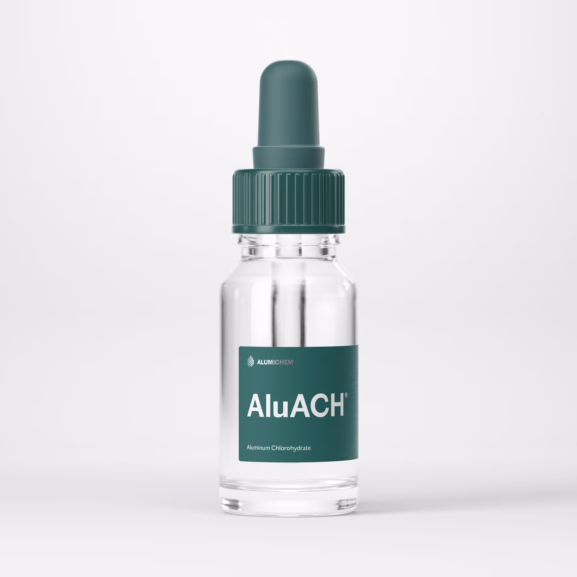 Clear glass dropper bottle labeled AluACH with green cap and label against a white background.