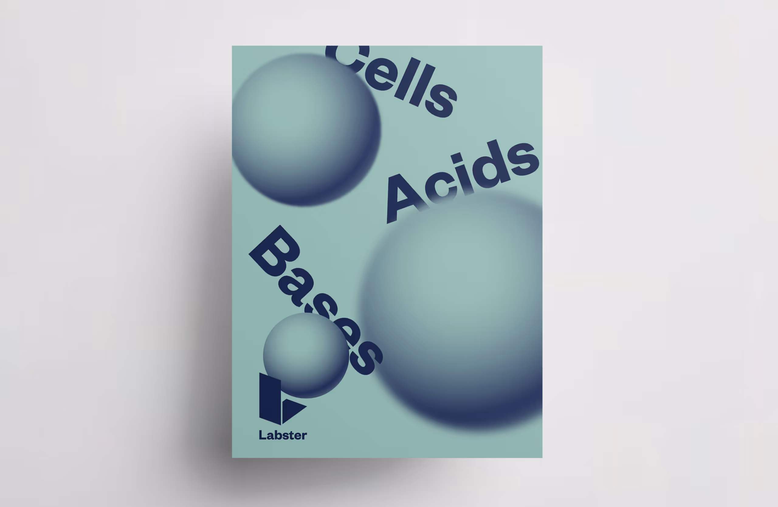 Poster with blue-gray spheres and bold text reading 'Cells', 'Acids', and 'Bases' on a teal background with Labster logo at the bottom.