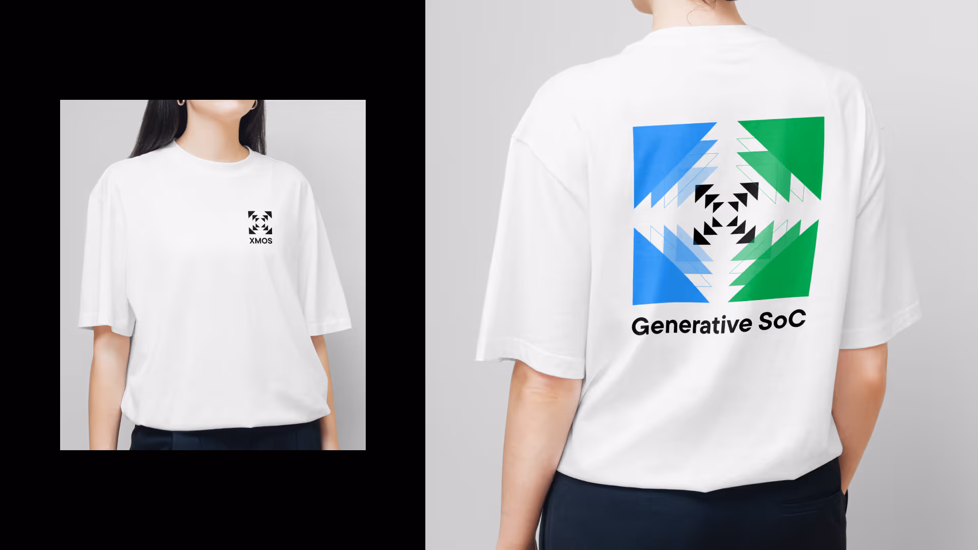 White T-shirt with a small black geometric logo and text 'XMOS' on the front left chest and a larger colorful geometric design with blue and green shapes and the text 'Generative SoC' on the back.