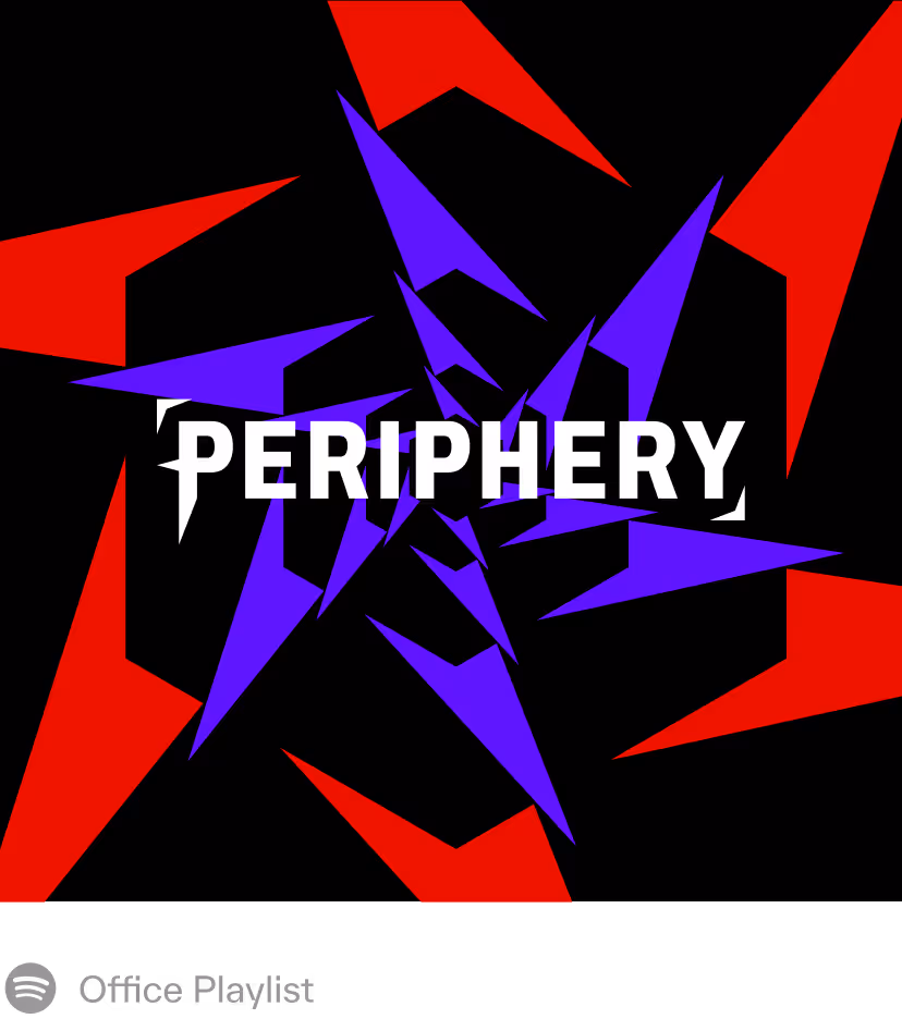 Abstract geometric design with red and purple sharp shapes surrounding the word 'PERIPHERY' in bold white text on black background.