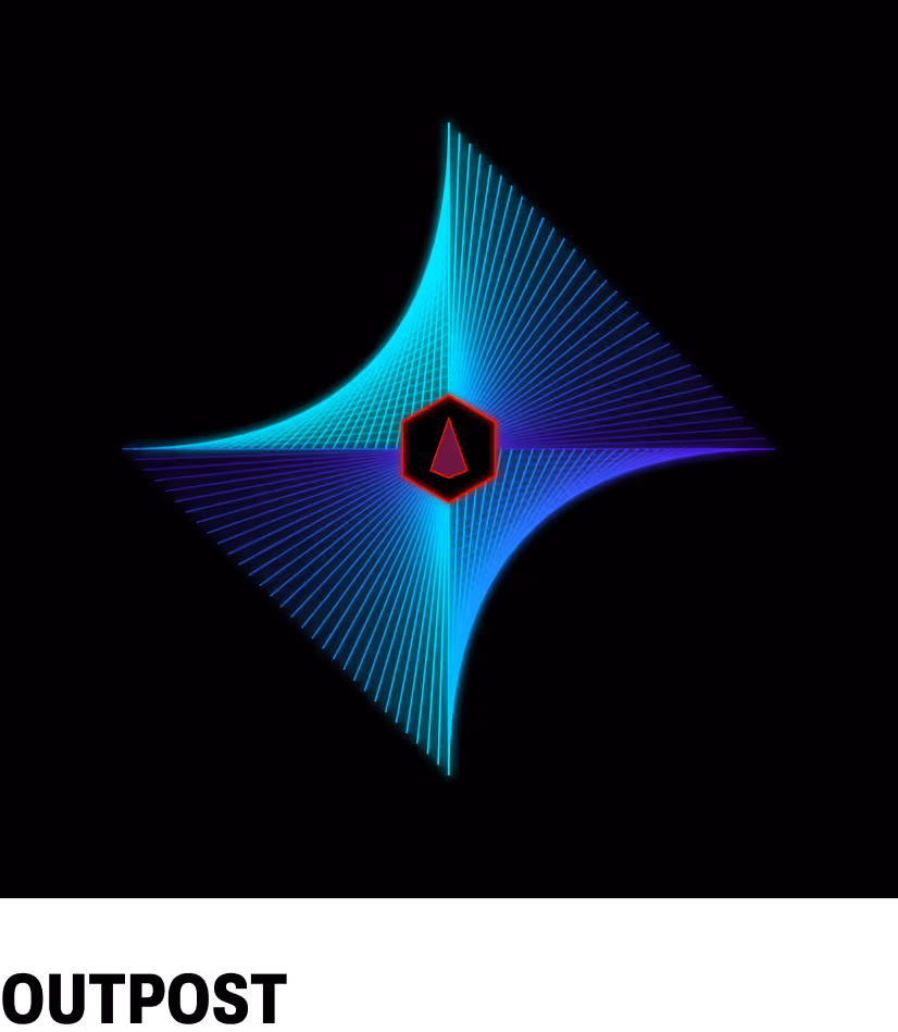 Glowing blue and cyan geometric lines forming a diamond shape with a red hexagon and triangle in the center on a black background.