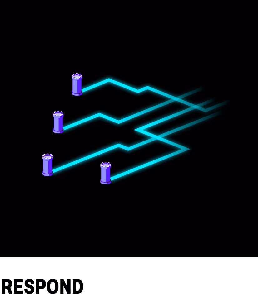 Digital illustration of four purple towers connected by glowing blue zigzag lines on a black background.