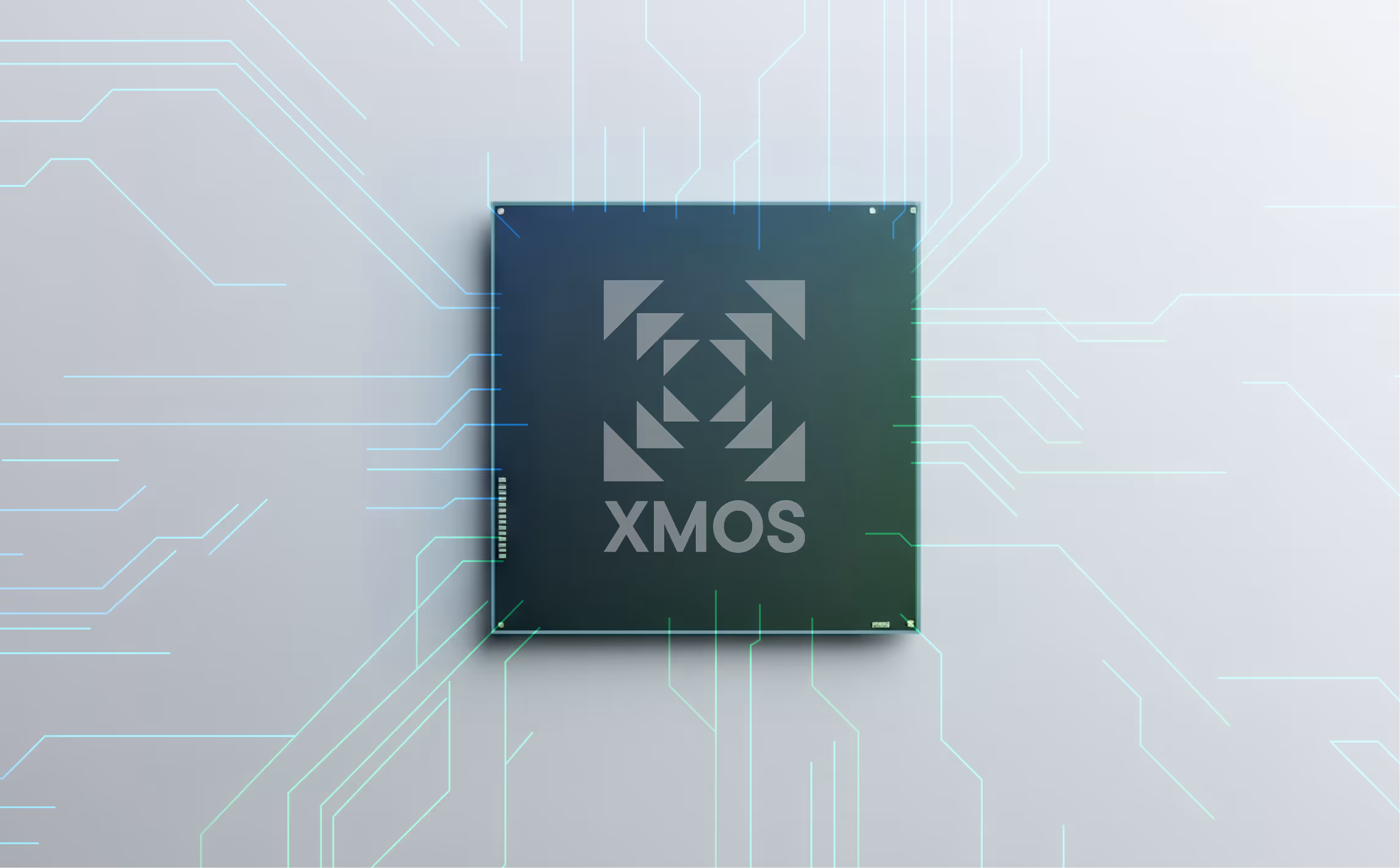 Square black semiconductor chip labeled XMOS with blue circuit lines extending from it on a light background.
