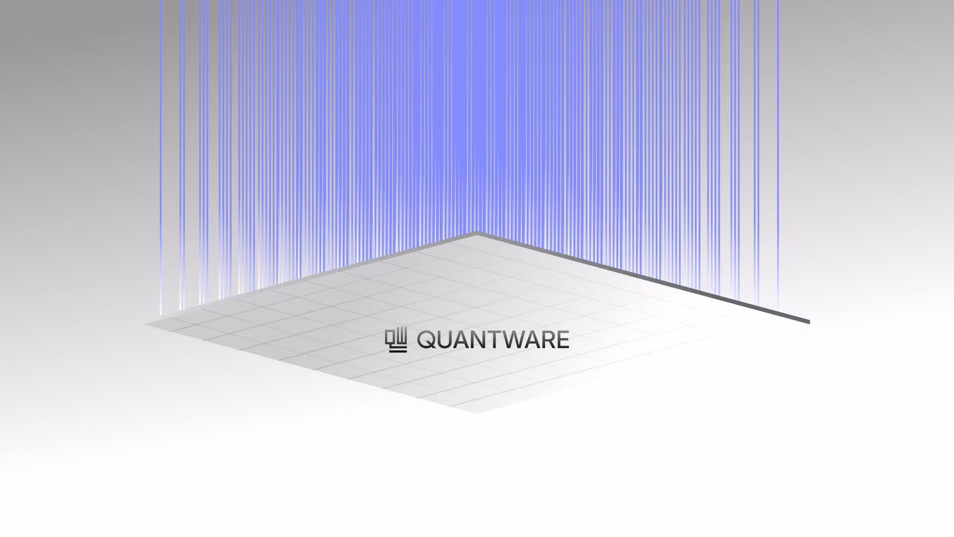 3D grid platform with blue vertical lines extending upward and the text 'QUANTWARE' accompanied by an abstract logo.
