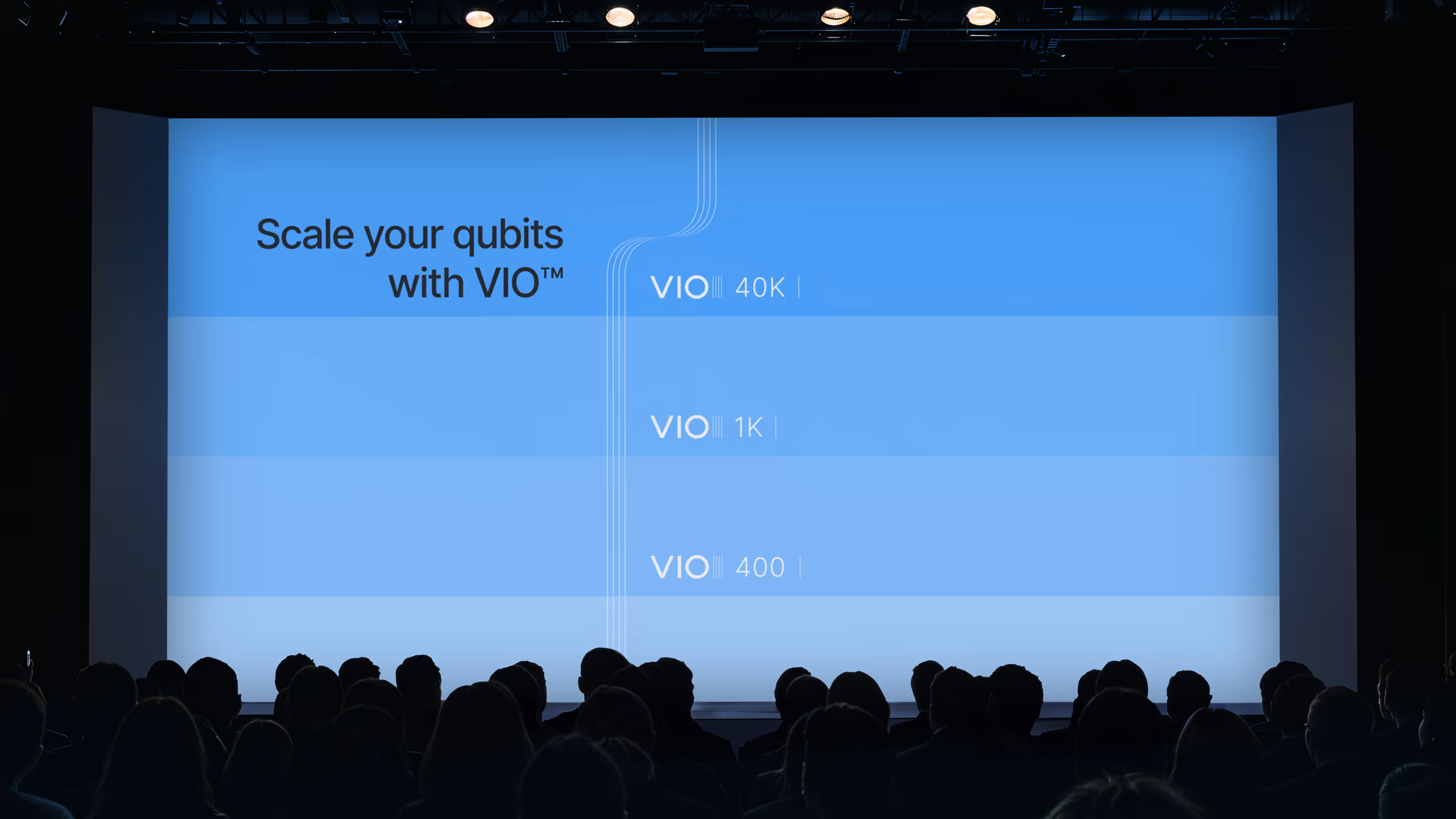 Audience silhouettes watching a presentation slide titled 'Scale your qubits with VIO™' showing VIO 40K, 1K, and 400 levels.