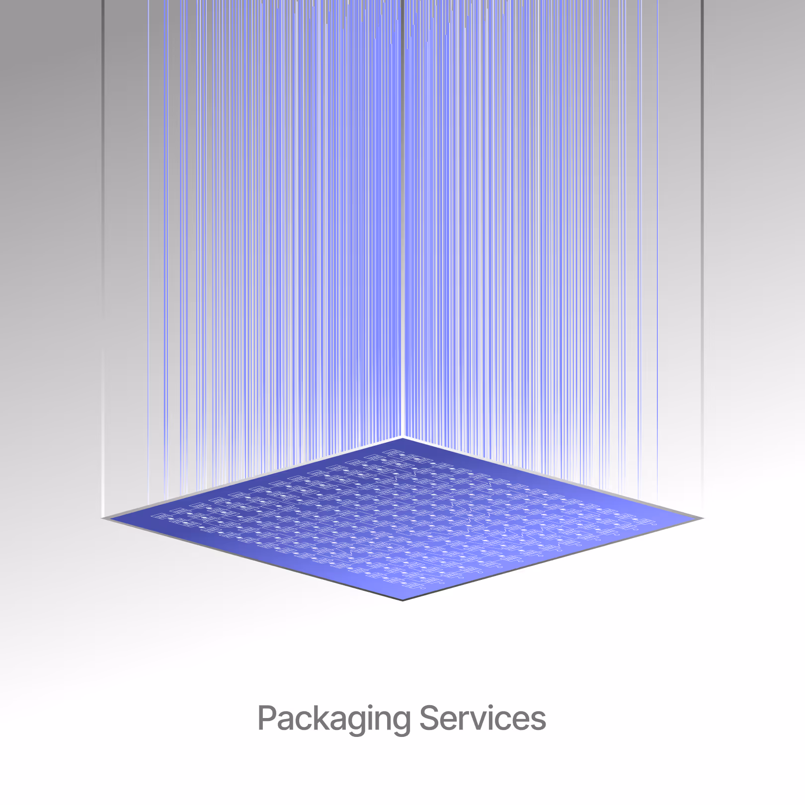 Abstract digital rendering of a blue square circuit board suspended with vertical blue lines, labeled Packaging Services.