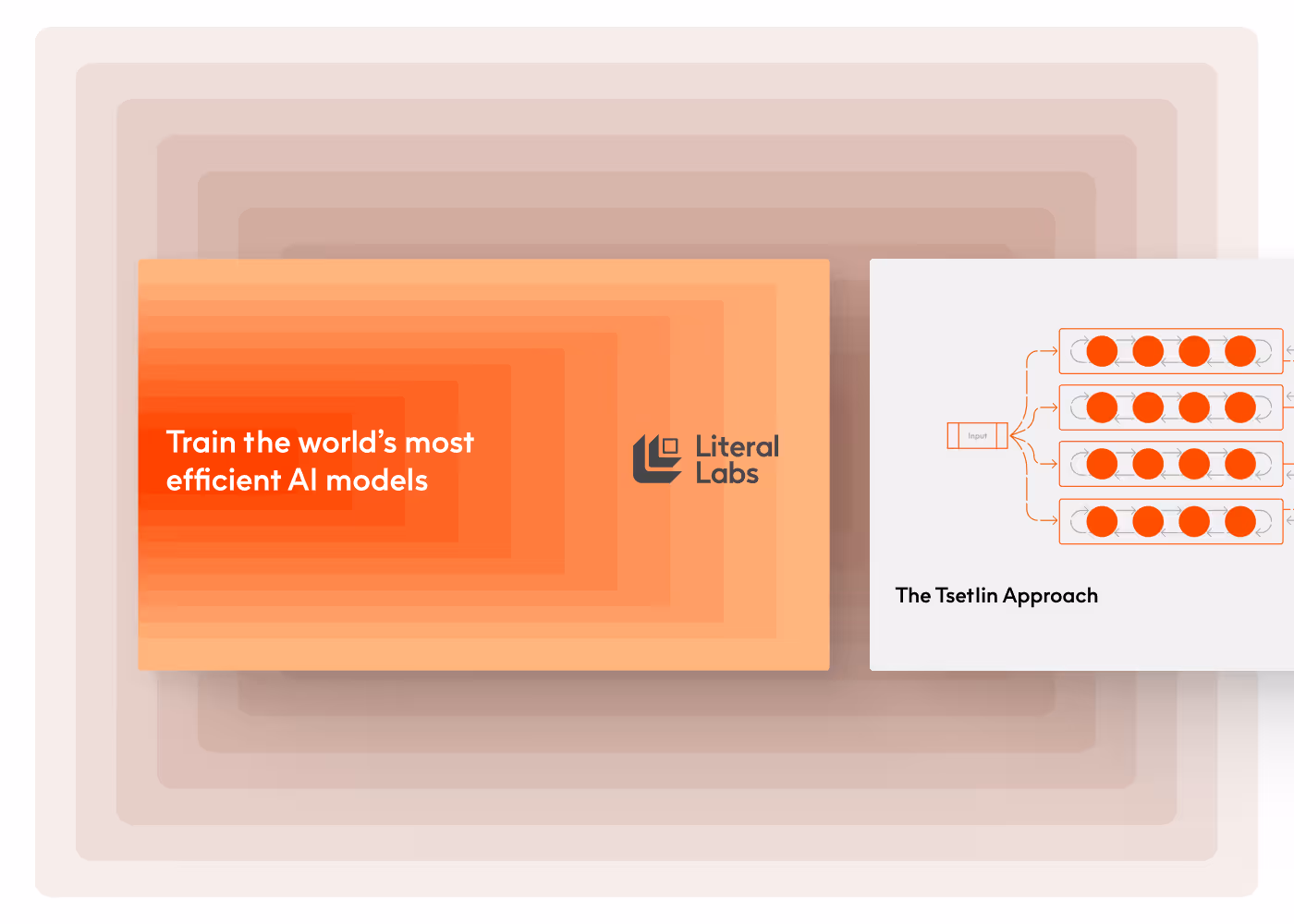 Orange gradient card displaying 'Train the world’s most efficient AI models' with Literal Labs logo alongside a simplified diagram labeled 'The Tsetlin Approach' showing input branching into four sequences of connected red circles.