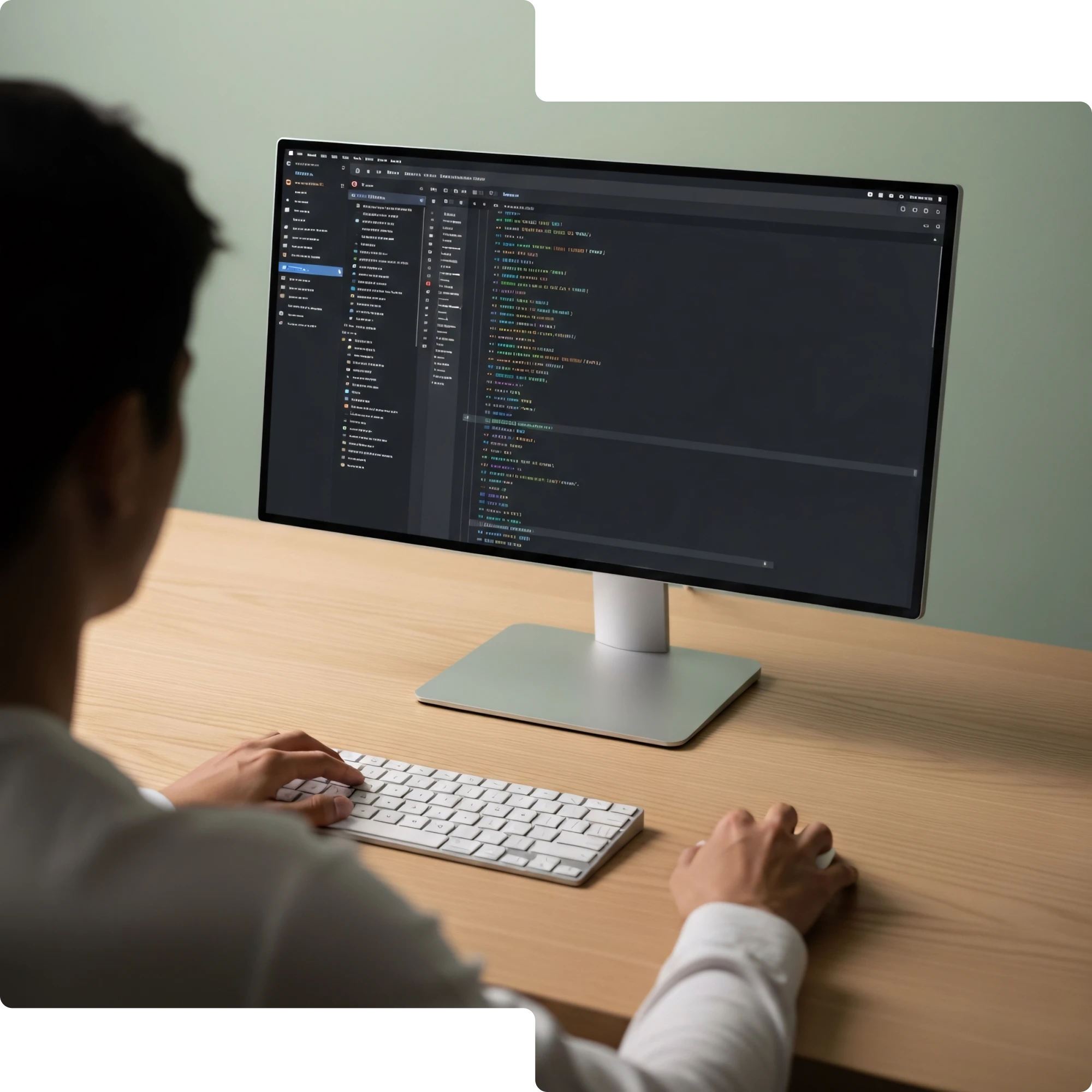 Person working on a computer with a large monitor displaying a dark-themed code editor.