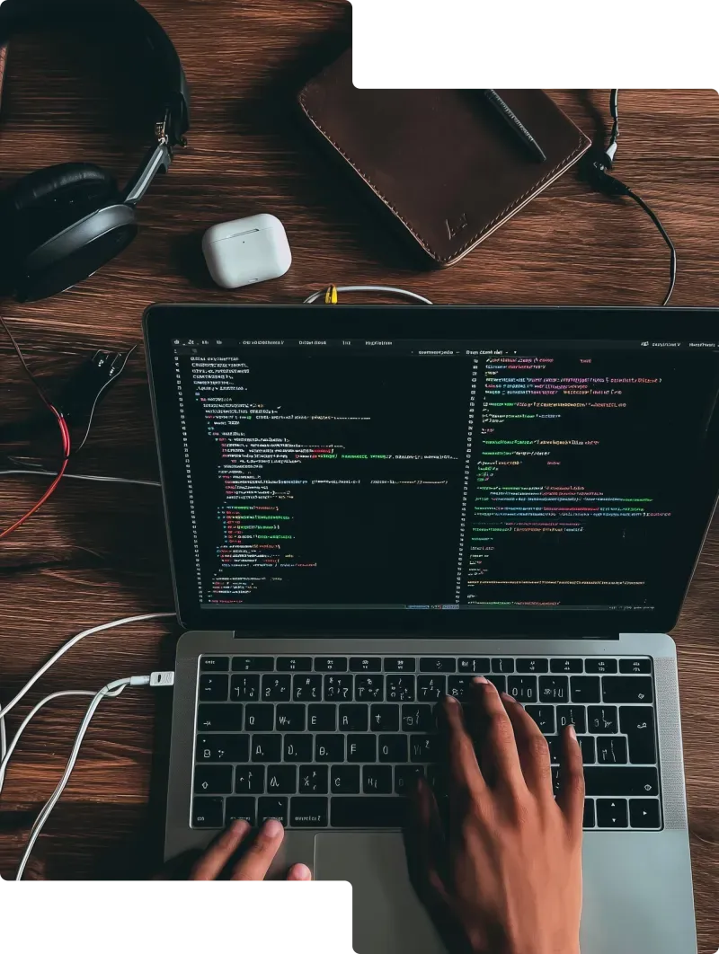 Person typing on a laptop displaying code editor with programming code on screen, surrounded by headphones, AirPods case, and notebook on wooden desk.