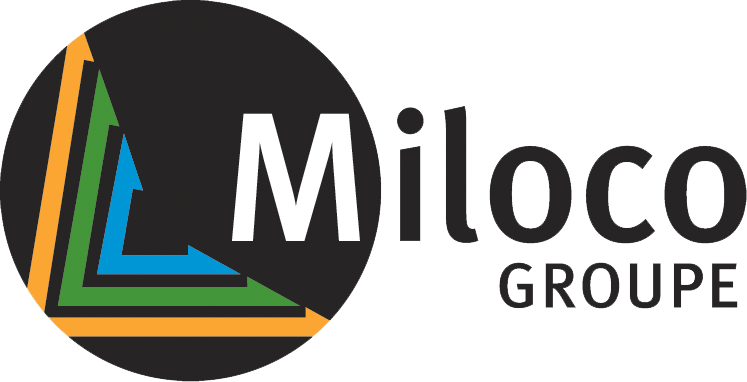 Logo du groupe Miloco avec un cercle noir contenant des flèches colorées orange, vert et bleu'.