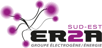 Logo de la société Groupe Électrogène Sud-Est avec texte en noir et violet et formes circulaires violettes reliées par des lignes noires.