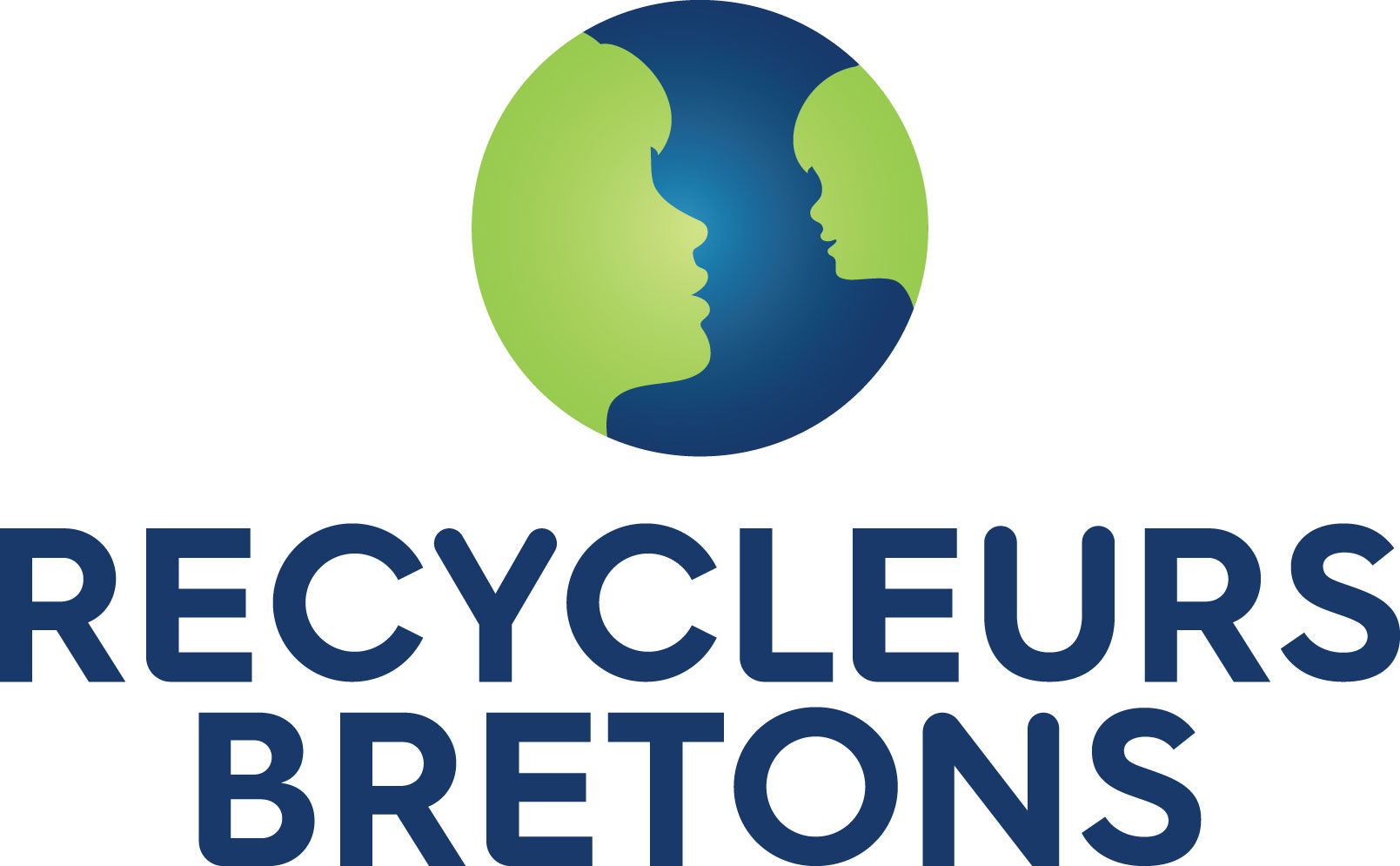 Logo de la société Recycleurs Bretons avec deux profils humains verts se faisant face dans une terre bleue.