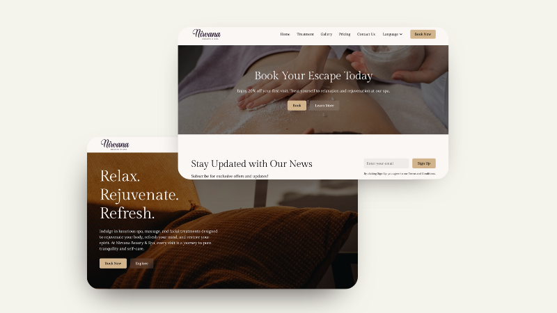 Two overlapping spa website sections, one showing a person receiving a salt scrub massage with text 'Book Your Escape Today,' and the other featuring a brown cushion with text 'Relax. Rejuvenate. Refresh.'