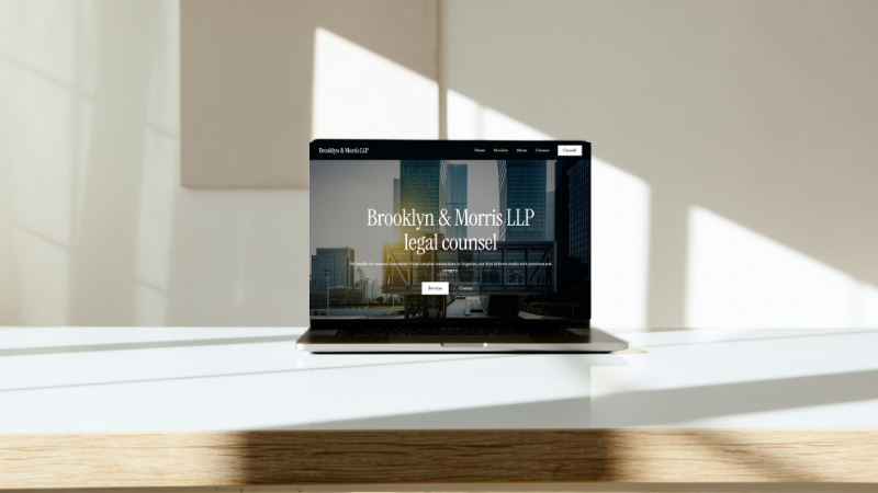 Open laptop displaying Brooklyn & Morris LLP legal counsel website on a white desk with sunlight and shadows.
